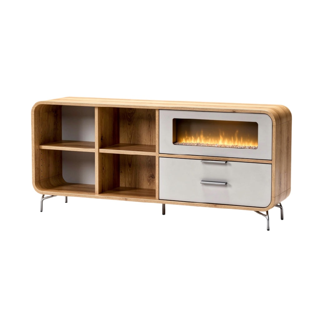 **Moderne TV-meubel met ingebouwde gashaard en open planken**
