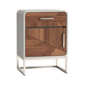 **Moderne nachtkast met houten afwerking en metalen onderstel**