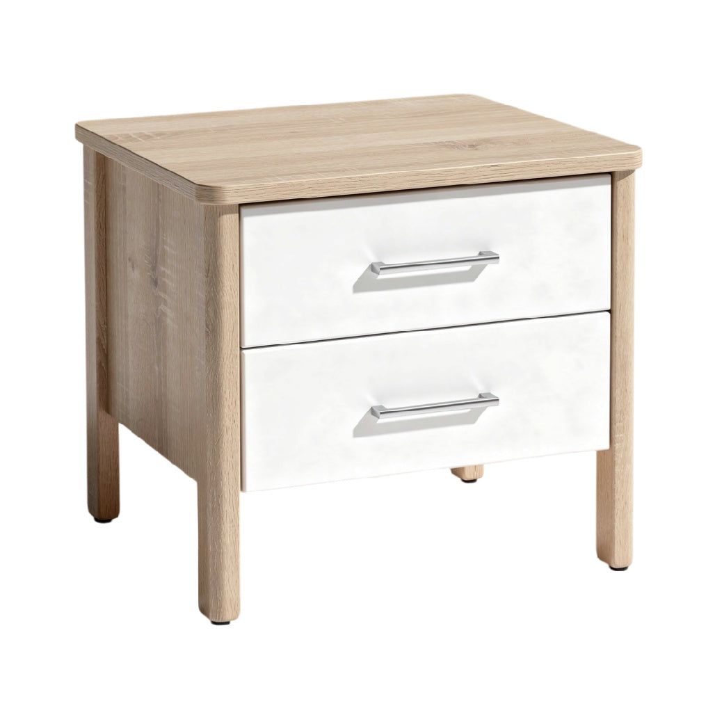 **Technische titel in het Nederlands: Moderne nachtkast met twee lades in houtlook**