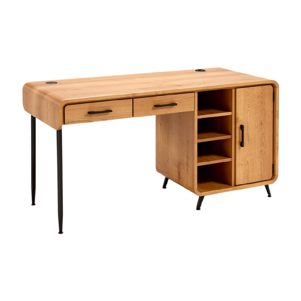 **Moderne houten bureau met open schappen en lades**